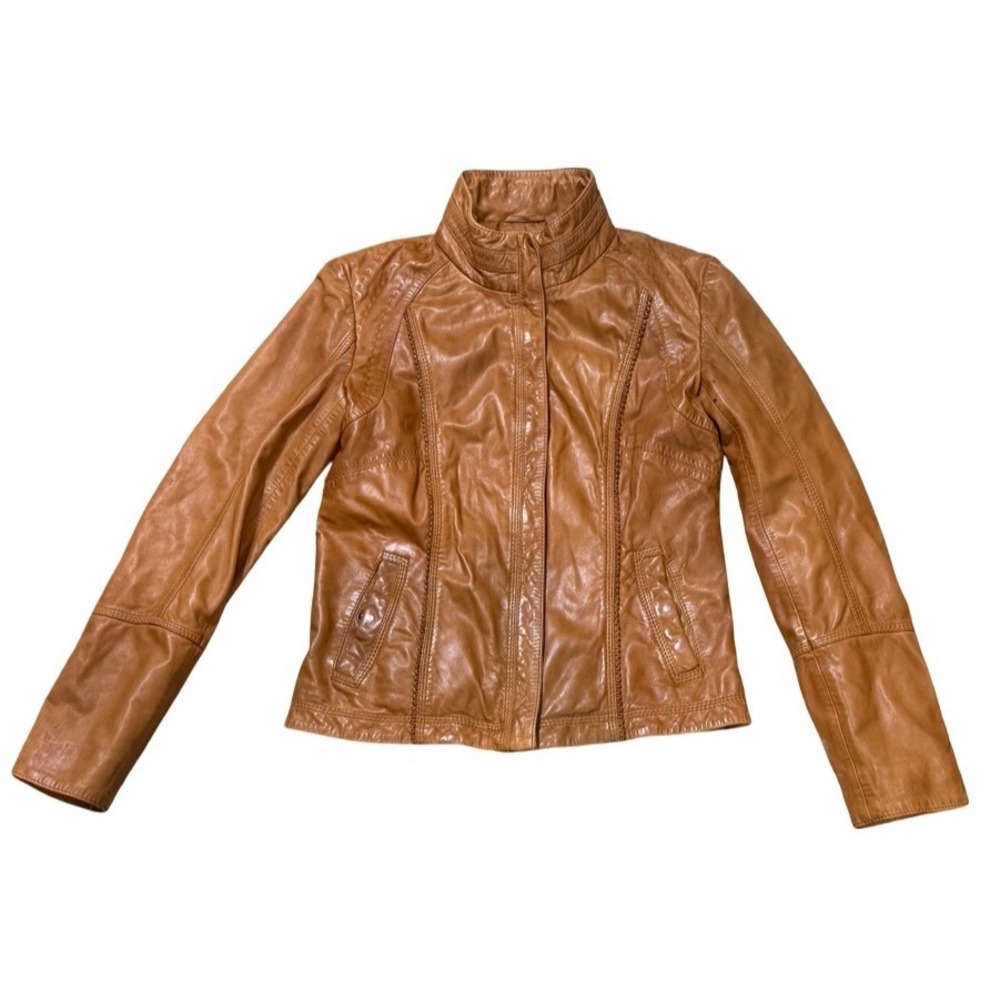 Overland Womens Tan Leather Lambskin Moto Jacket Mock Neck Size XS